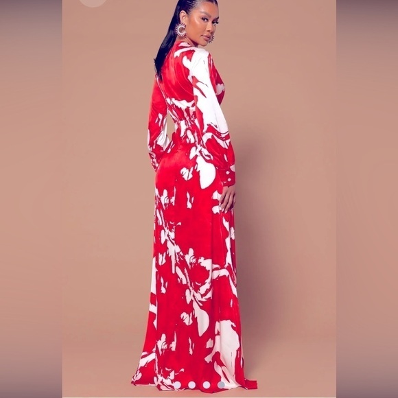 Christmas dress,Satin max dress ,frontal slit ,long sleeves red and whit… - Picture 2 of 5